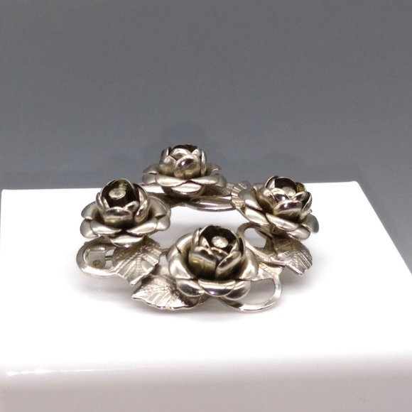 Silver Tone Wreath of Roses Brooch, Floral Circle with Crystal Center Flowers - Picture 2 of 5